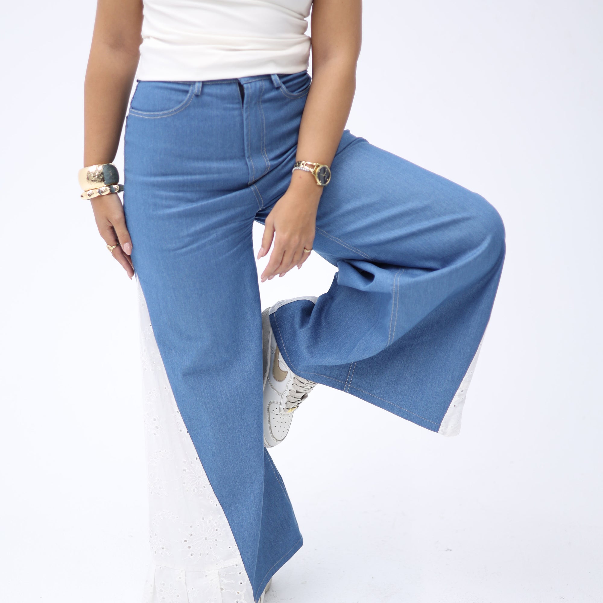 Meadow Flare Denim – Embroidered Contrast Panel Pants