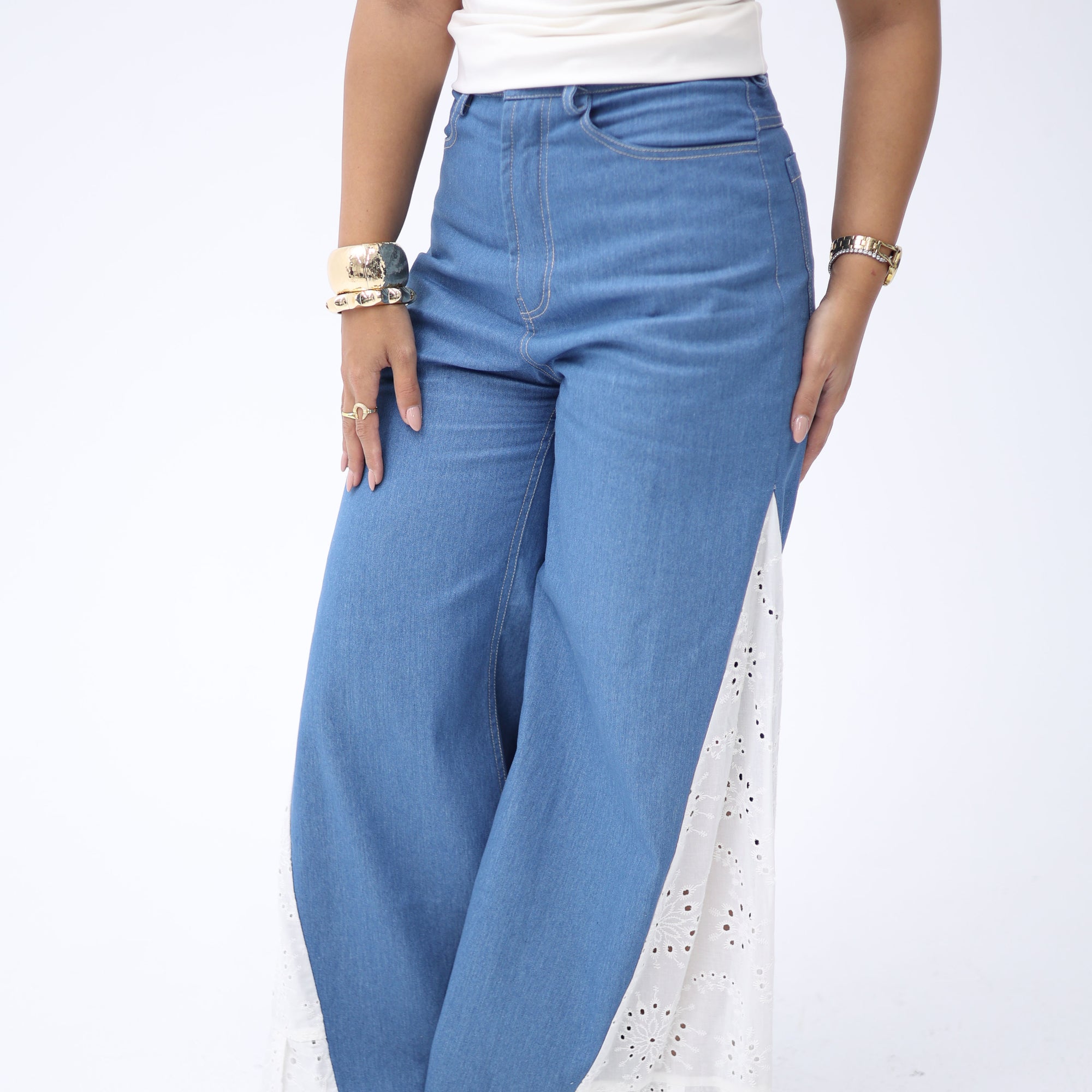 Meadow Flare Denim – Embroidered Contrast Panel Pants