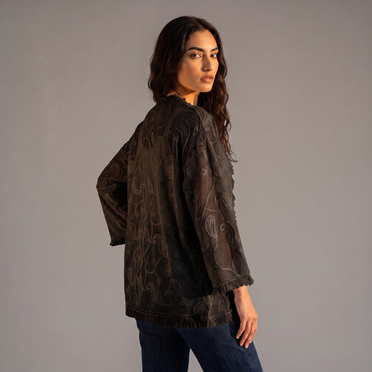 Paisley black fringe cardigan