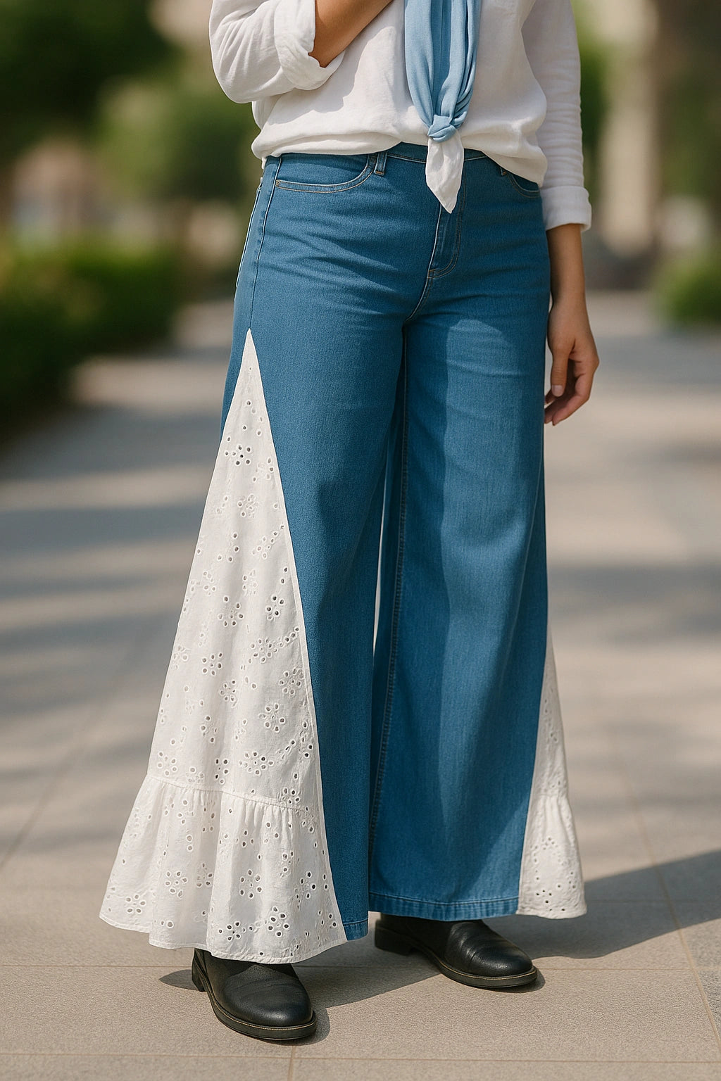 Meadow Flare Denim – Embroidered Contrast Panel Pants