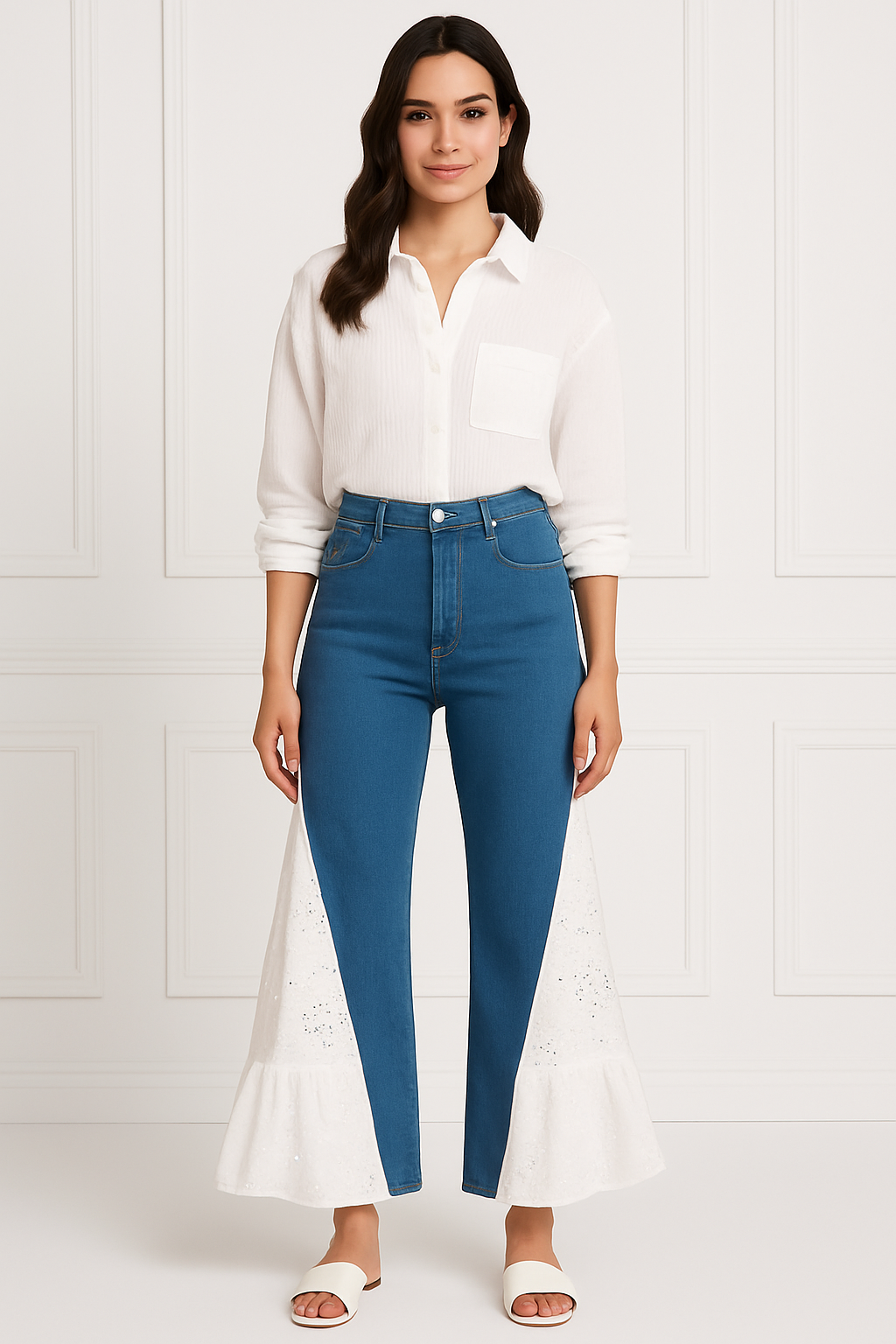 Meadow Flare Denim – Embroidered Contrast Panel Pants