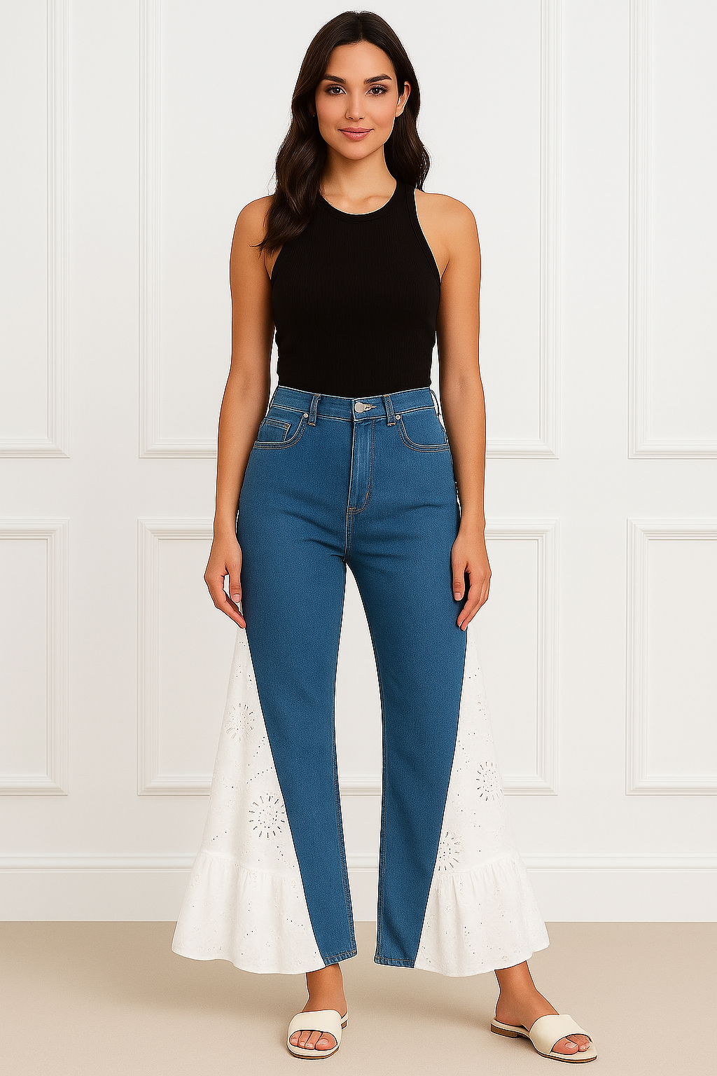 Meadow Flare Denim – Embroidered Contrast Panel Pants